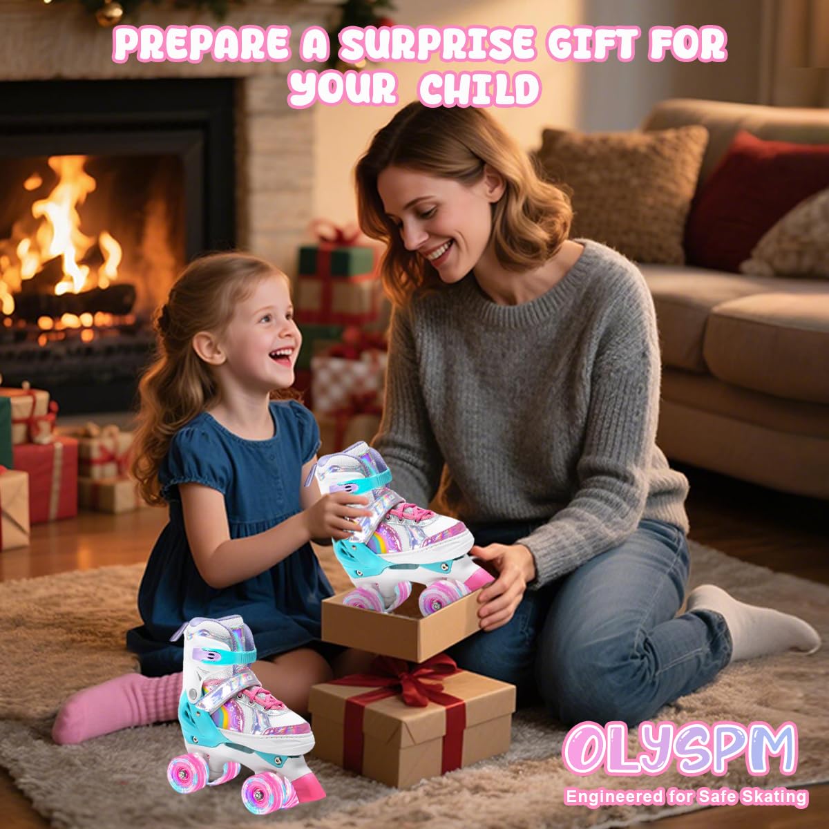 OLYSPM Kids Roller Skates Adjustable Ladies Roller Skates, LED Roller Skates and 4 Sizes Adjustable, Roller Skates with Storage Bag for Girls, Boys and Beginners (Pink)