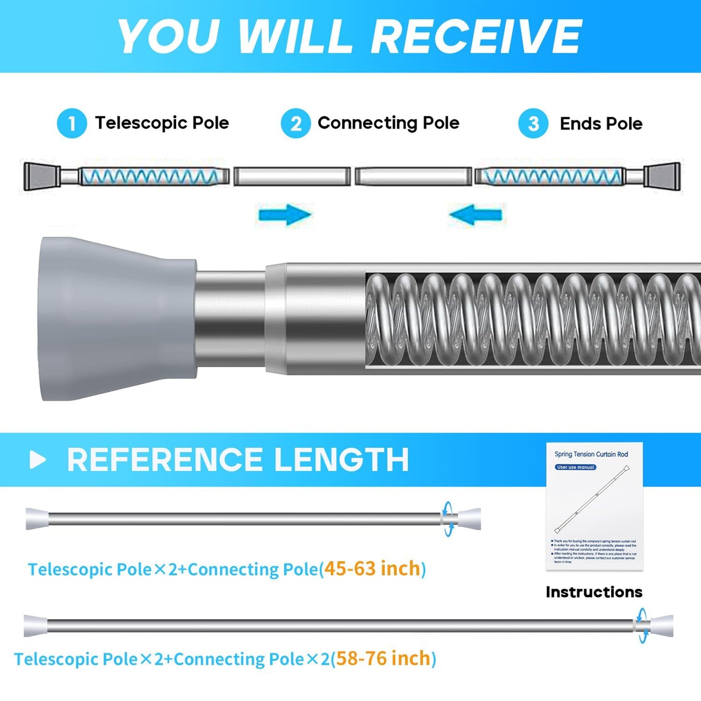 Zipglo 1 piece curtain rod without drilling 113-196cm shower rod telescopic rod curtain rod tension rod adjustable for bathroom, windows, kitchen, closet, silver