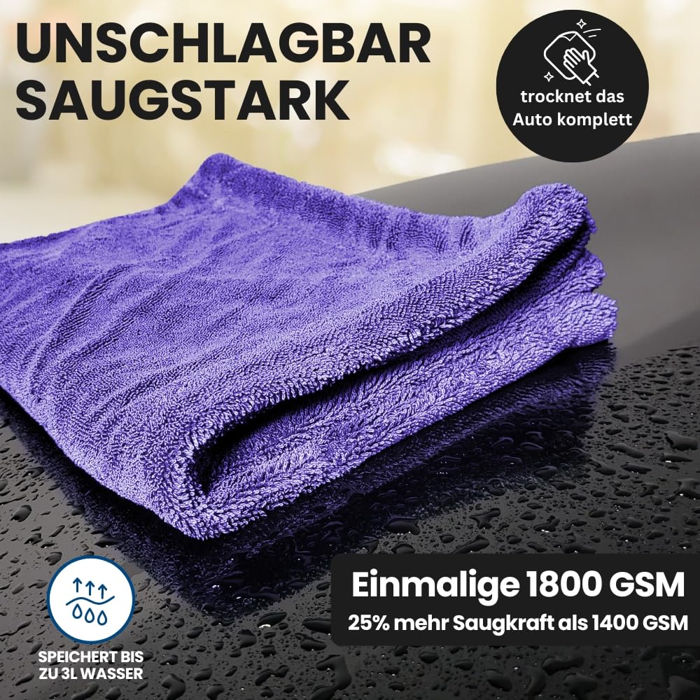 Ivality® Auto Drying Towel XXL 80x50 cm - 1800 GSM Ultra Absorbent Microfiber Towels for Car Care and Motorcycle, Lint-Free, Paint-Safe Twisted Towel Microfiber Towels - Purple