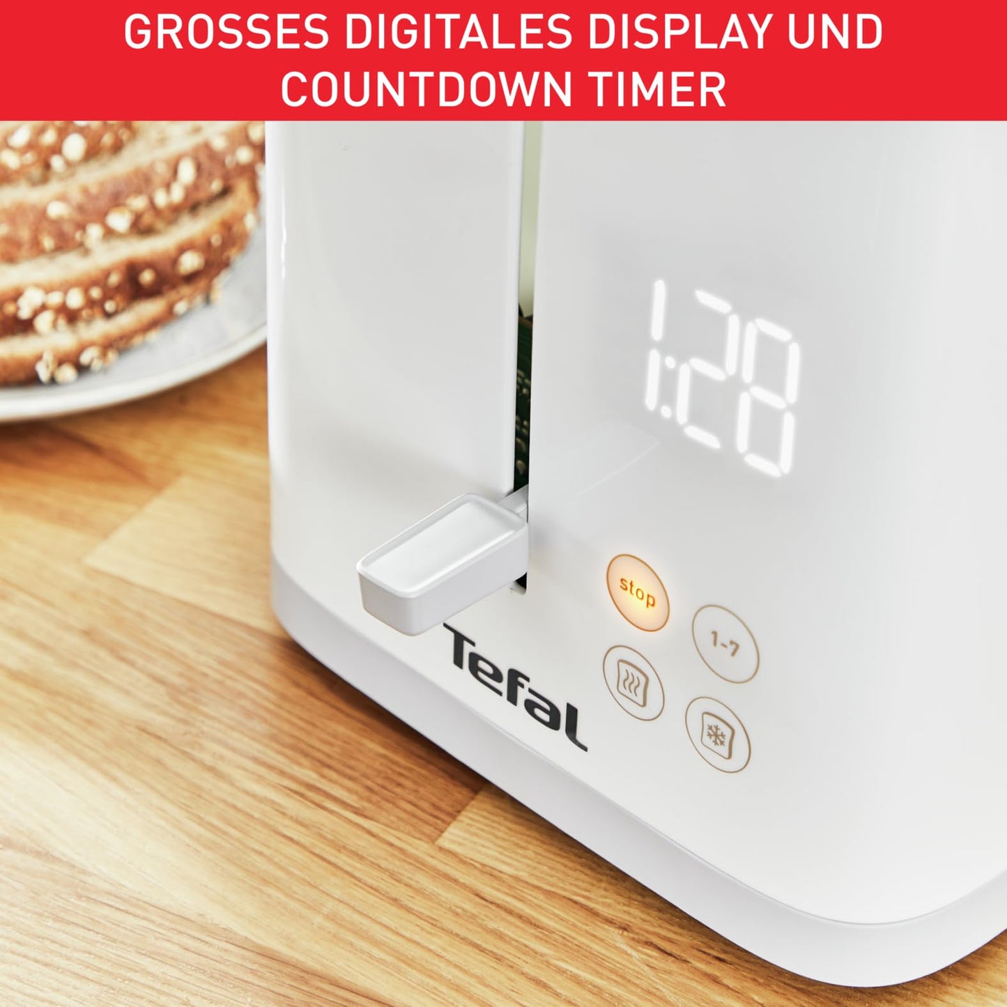 Tefal TT6931 Sense Toaster | 7 browning levels | Digital display | Countdown | Reheat/Defrost | Crumb tray | Stop button | White