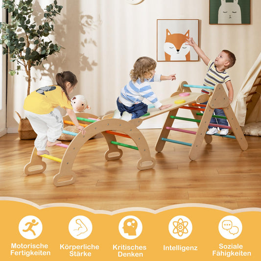COSTWAY Climbing Triangle with Slide, Climbing Arch, including double-sided ramp, for climbing, sliding, and rocking, 4 in 1 indoor climbing frame for ages 1 and up (Multicolor)