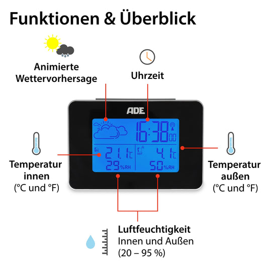 ADE Digital Weather Station with Wireless Outdoor Sensor | Indoor and Outdoor Temperature | Humidity Meter | Animated Weather Forecast | Radio Alarm Clock with Snooze Function | Black | Blue Backlight