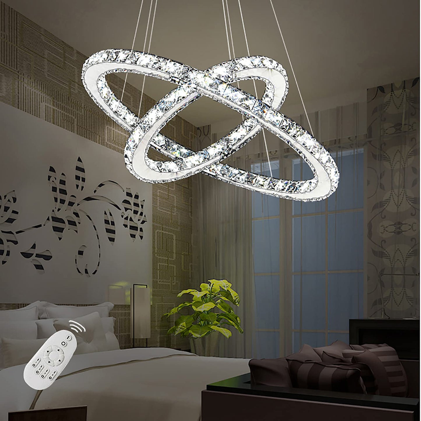Onforu 48W Modern Crystal LED 2 Ring Design, Creative Chandelier Pendant Light for Bedroom Living Room Dining Room (Dimmable, 48W)