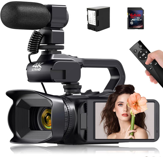 4K video camera camcorder 60FPS 64MP 18X digital zoom auto focus vlogging camera for YouTube, 4.0" touch screen HD WiFi video camera with 4500mAh battery, 64G SD card, stabilizer, microphone, and remote.