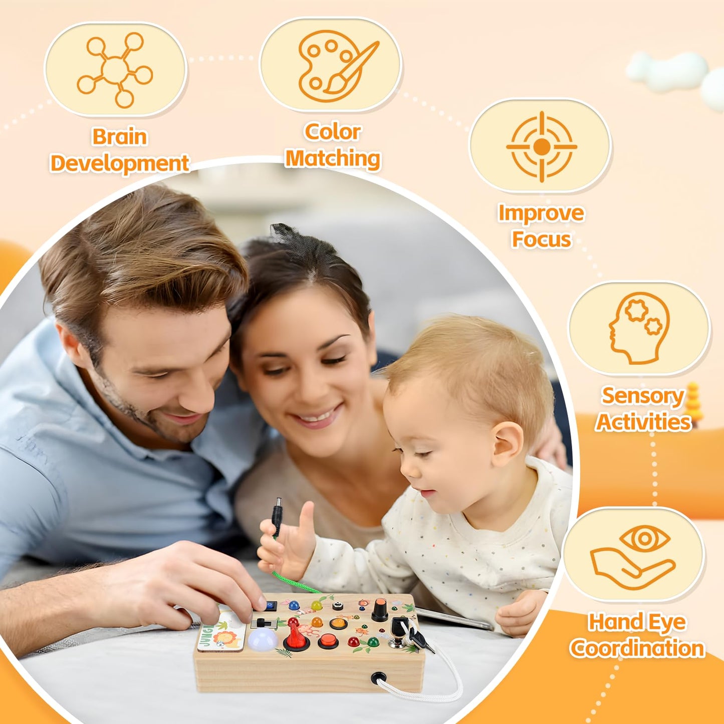 Arizona Busy Board for 1 year old and up, Montessori toy with LED lights, wooden activity board for boys and girls 1-4 years, perfect gifts for birthdays, Children's Day, and Christmas (Jungle theme).