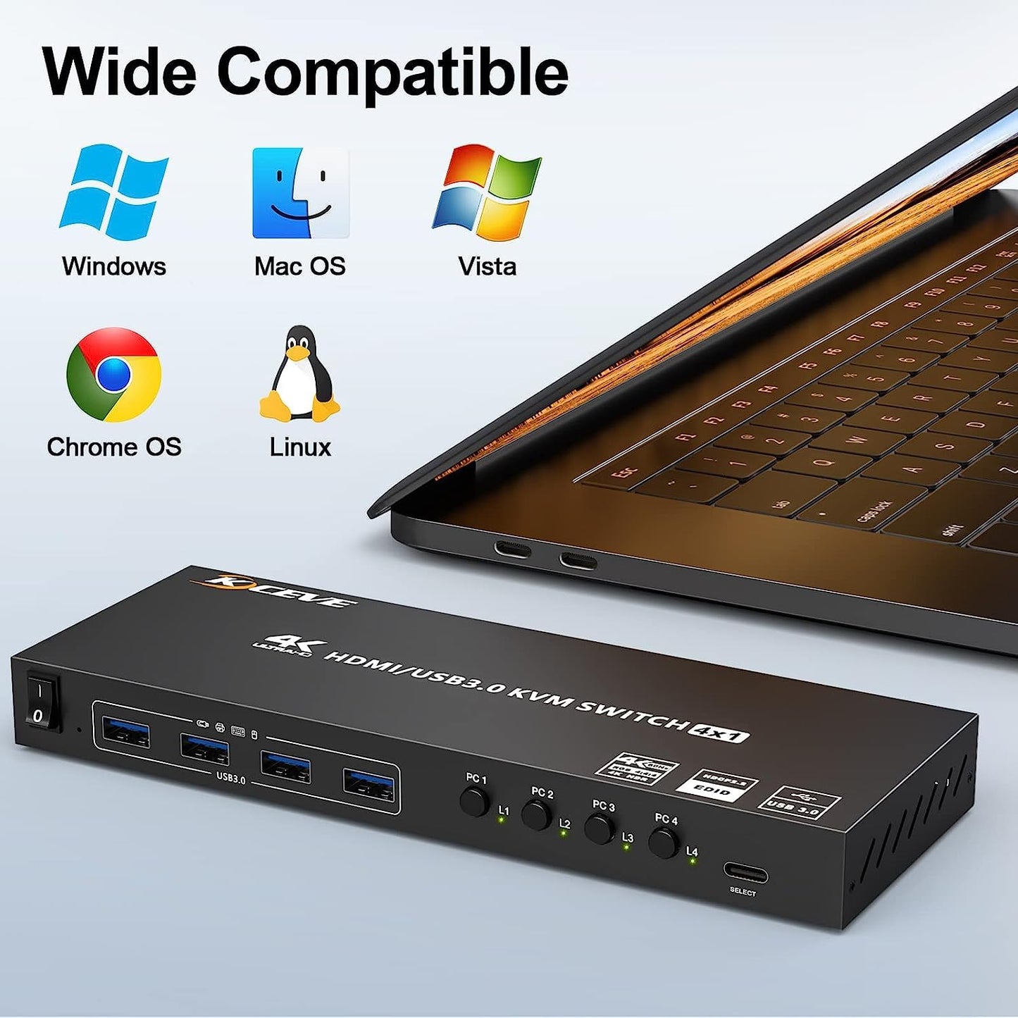USB 3.0 KVM Switch HDMI 4 Port, 4K@60Hz Edid Emulation KVM Switch allows 4 PCs to share 1 monitor and 4 USB 3.0 devices. Comes with Wired Remote and 12V Power Adapter.