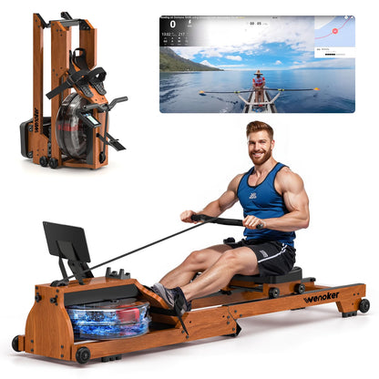 Wenoker Home Water Rowing Machine made of solid wood, foldable rowing machine with Bluetooth display, high-quality wood construction, double slide rails, max weight capacity of 150kg.