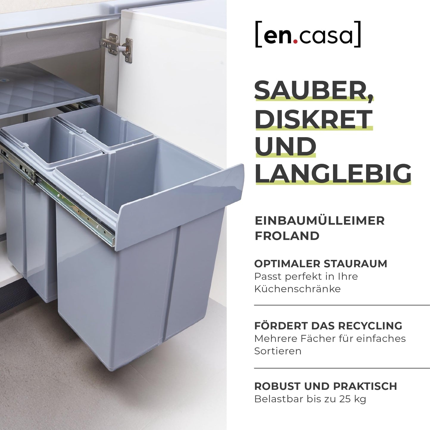 [en.casa] Built-in waste bin Froland waste bin 3 compartments waste separation system extendable trash can kitchen 2x10L+1x20L removable containers 48 x 34 x 42 cm kitchen waste bin Gray