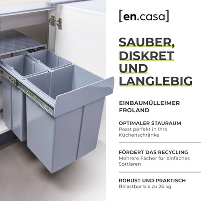 [en.casa] Built-in waste bin Froland waste bin 3 compartments waste separation system extendable trash can kitchen 2x10L+1x20L removable containers 48 x 34 x 42 cm kitchen waste bin Gray