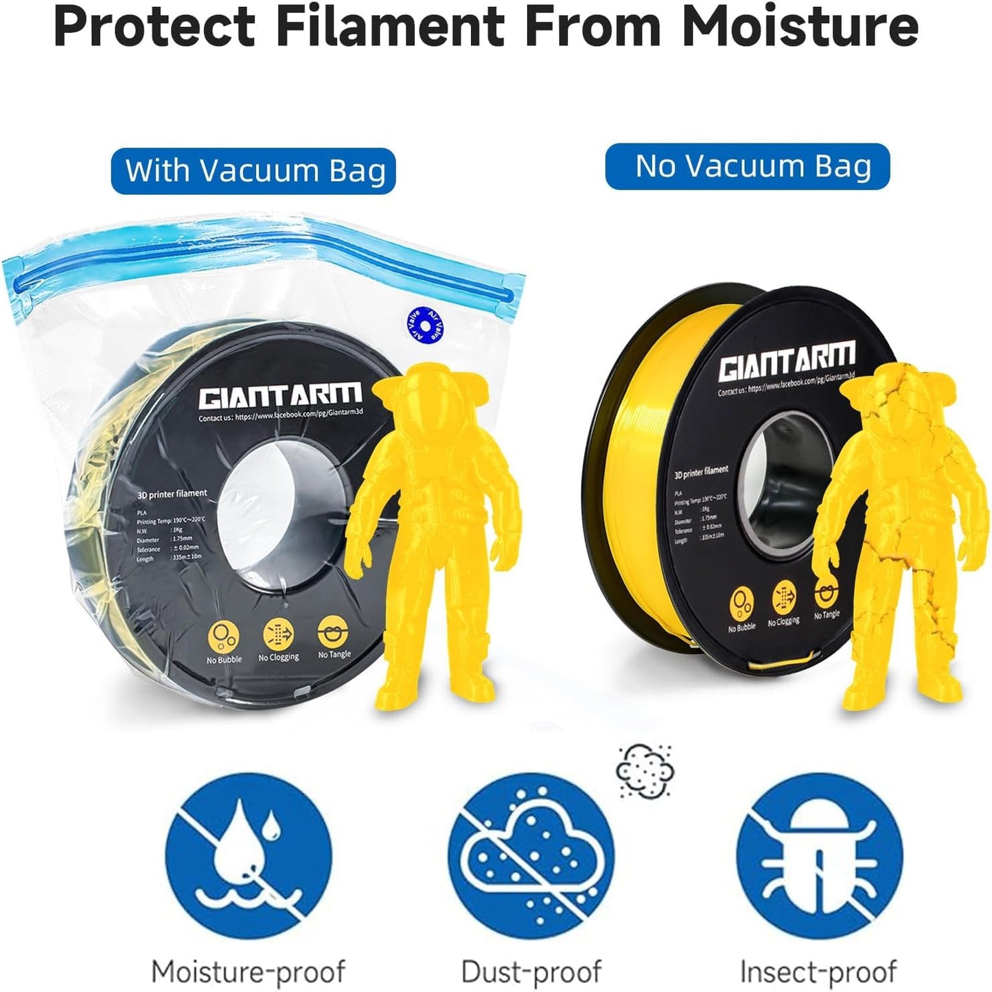 Giantarm Filament vacuum bags for 3D printers, double-seal moisture-resistant storage pouch, durable and reusable PA+PE vacuum-sealed bags (20 bags)(32.5 x 37.5cm)