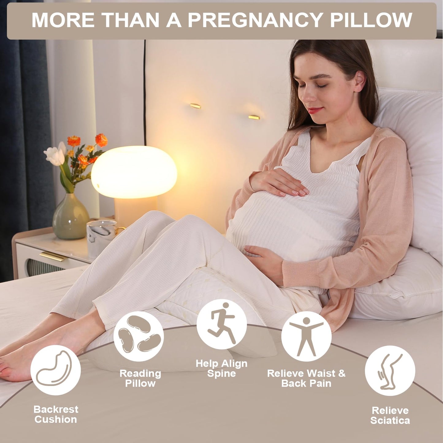 The SHANNA New Pregnancy Pillow is adjustable and comfortable for adults. It is a full body support pillow that can also be used as a nursing pillow. The cover is removable and washable. It is white in color.