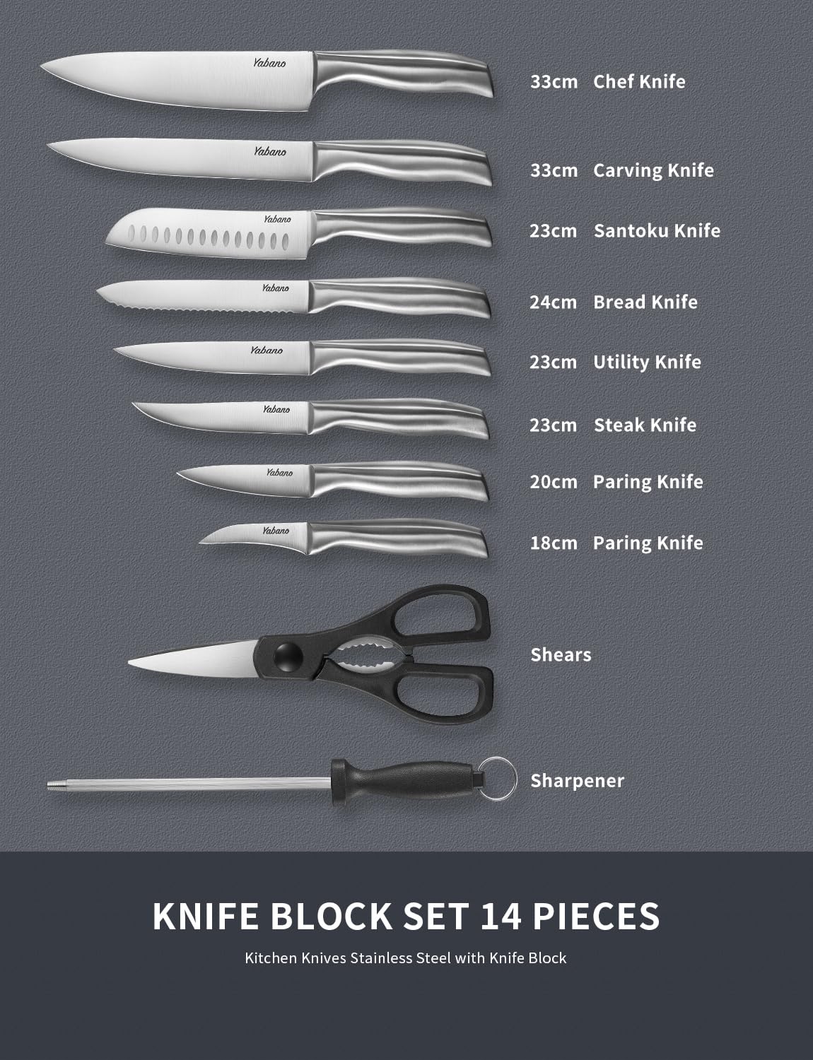 Yabano Knife Block Professional Knife Set, 16-Piece Stainless Steel Kitchen Knife Set with Wood Block, Knife Set, Knife, Black