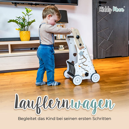 KiddyMoon wooden baby walker for kids, walking aid fun for babies, learning to walk, multifunctional wooden toy for toddlers Montessori toy WK-001, black - white.