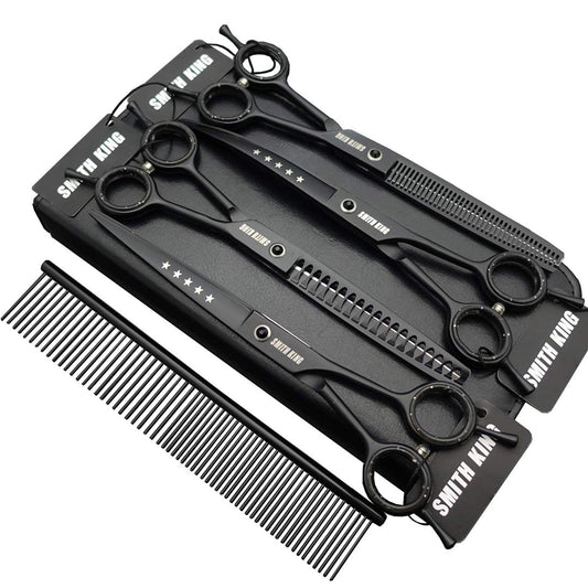 7.0 inch Professional Dog Grooming Scissors Set Straight & Thinning & Curved & Chunker & Comb 5 pieces in 1 set for left-handed & right-handed black