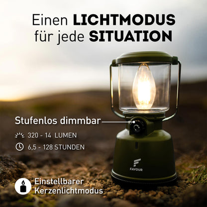 Favour Retro LED Lantern Outdoor | Bright camping lamp, dimmable, candlelight mode | LED lamp rechargeable battery, IP64 waterproof, shockproof | Hanging lamp tent, removable shade, green incl. battery