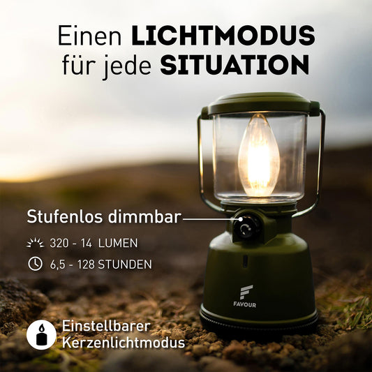 Favour Retro LED Lantern Outdoor | Bright camping lamp, dimmable, candlelight mode | LED lamp rechargeable battery, IP64 waterproof, shockproof | Hanging lamp tent, removable shade, green incl. battery