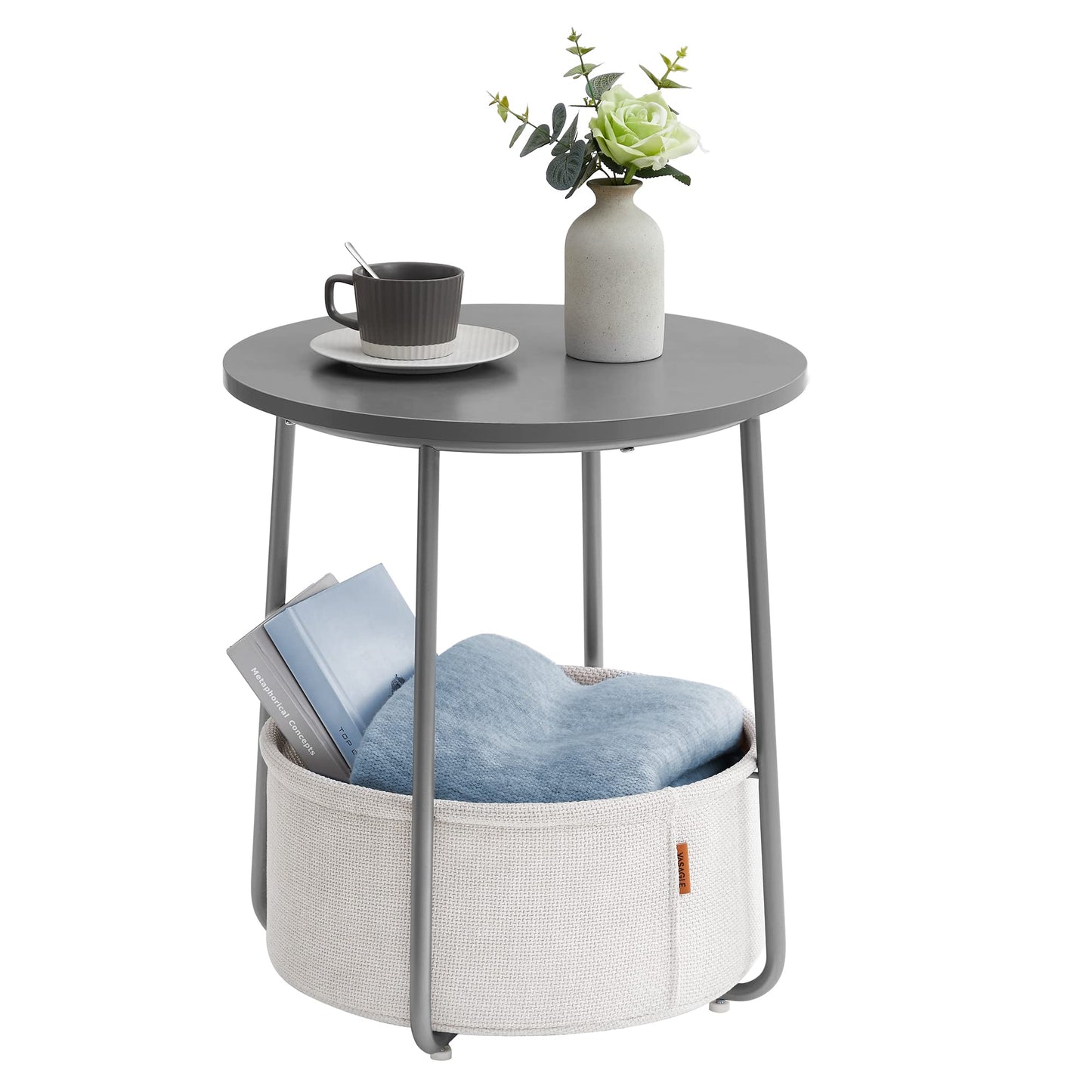VASAGLE round side table, small table, compact coffee table, fabric basket, storage for living room bedroom, modern nightstand, cement gray-cream white LET223G49