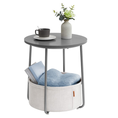 VASAGLE round side table, small table, compact coffee table, fabric basket, storage for living room bedroom, modern nightstand, cement gray-cream white LET223G49