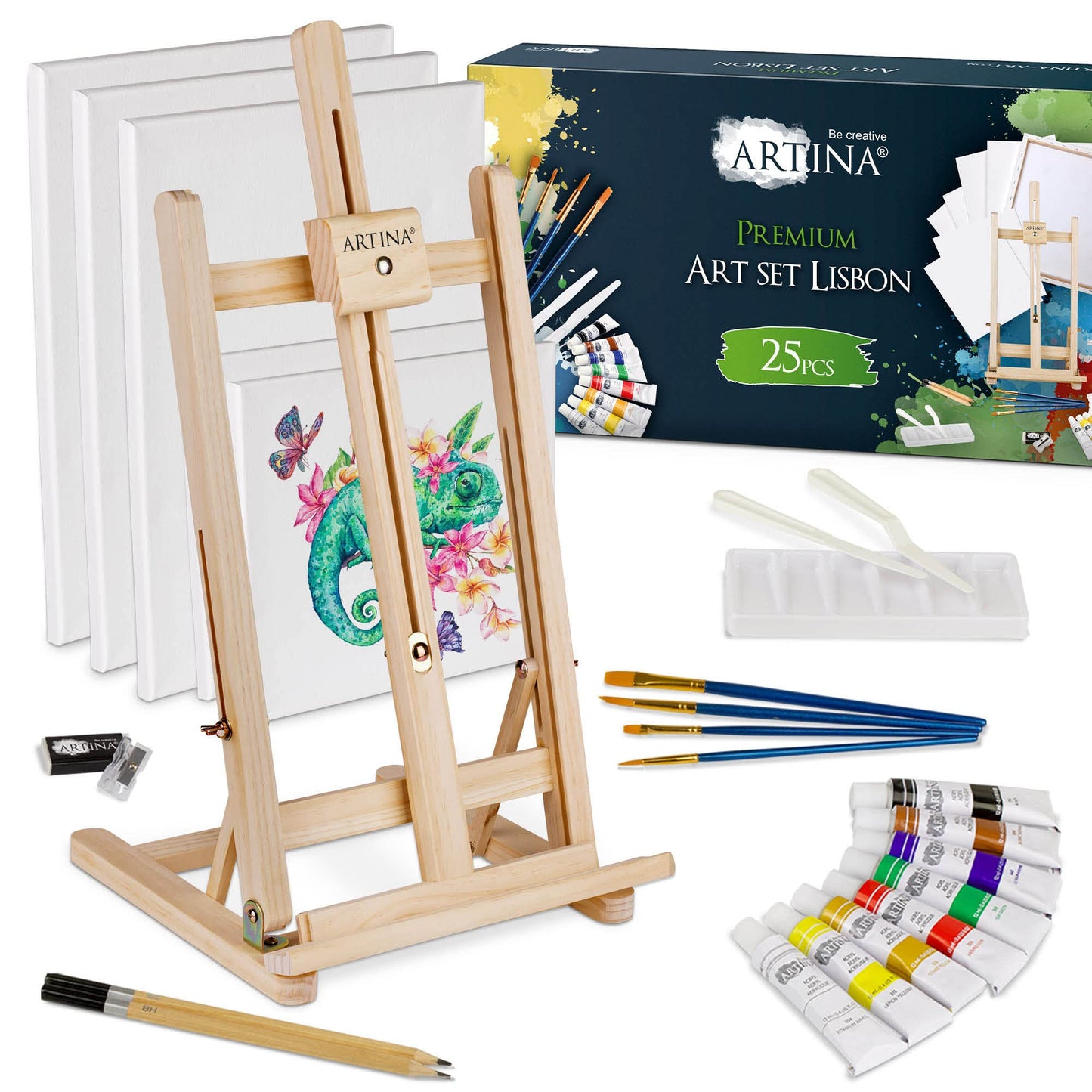 Artina 25-piece Premium Painting Set with Table Easel Lisbon - Painting Supplies Artist Set 8x 12ml Acrylic Colors Set, 5x Canvas Set, Brushes - Painting Set for Adults Kids - FSC® Easel Set