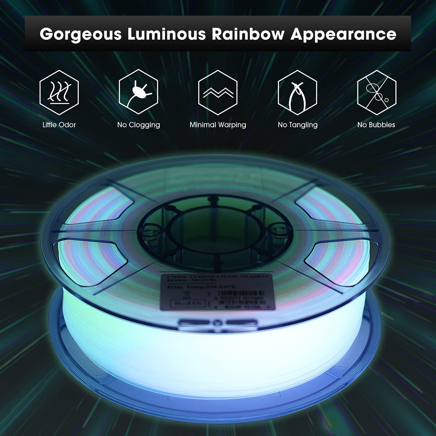 eSUN PLA Glow in the Dark 3D Printer Filament, Glow in the Dark Rainbow Filament 1.75mm, 1kg spool (2.2 LBS) 3D Printing Filament for 3D Printers, Glow in the Dark Rainbow Multicolor.