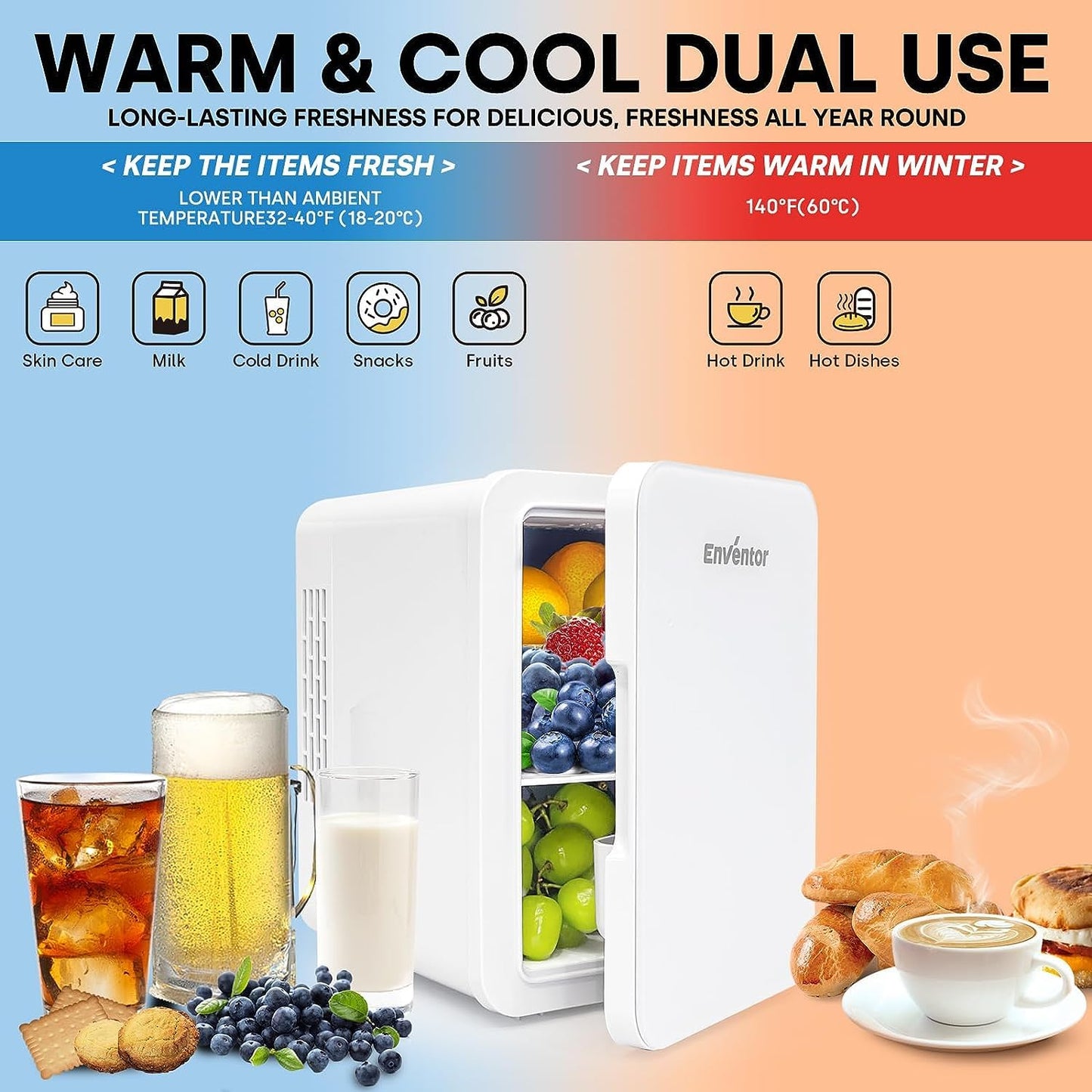 Enventor Mini Fridge 4 Liter, 6 Can Mini Coolers for Bedroom, AC+12V DC Power Cooler and Warmer, Portable Small Fridge for Car, Travel, Cosmetics, Drinks, Fruit, White