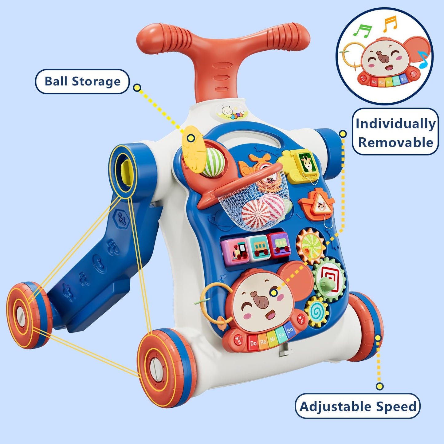 HYES 5 in 1 walker, baby play and walking aid with music and detachable playboard, baby walker toy, for children from 3-30+ months, blue
