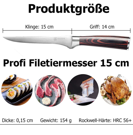 PAUDIN 15 cm fillet knife kitchen knife made of high-quality stainless steel, professional chef's knife with sharp blade