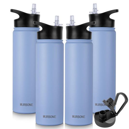 MURBONE Stainless Steel Water Bottle 750ml (+2 lids) with Straw, BPA Free, Leak-proof Thermos, Carbonation Compatible, Vacuum Insulated Double Wall for Sports, Travel, Camping (4-pack)