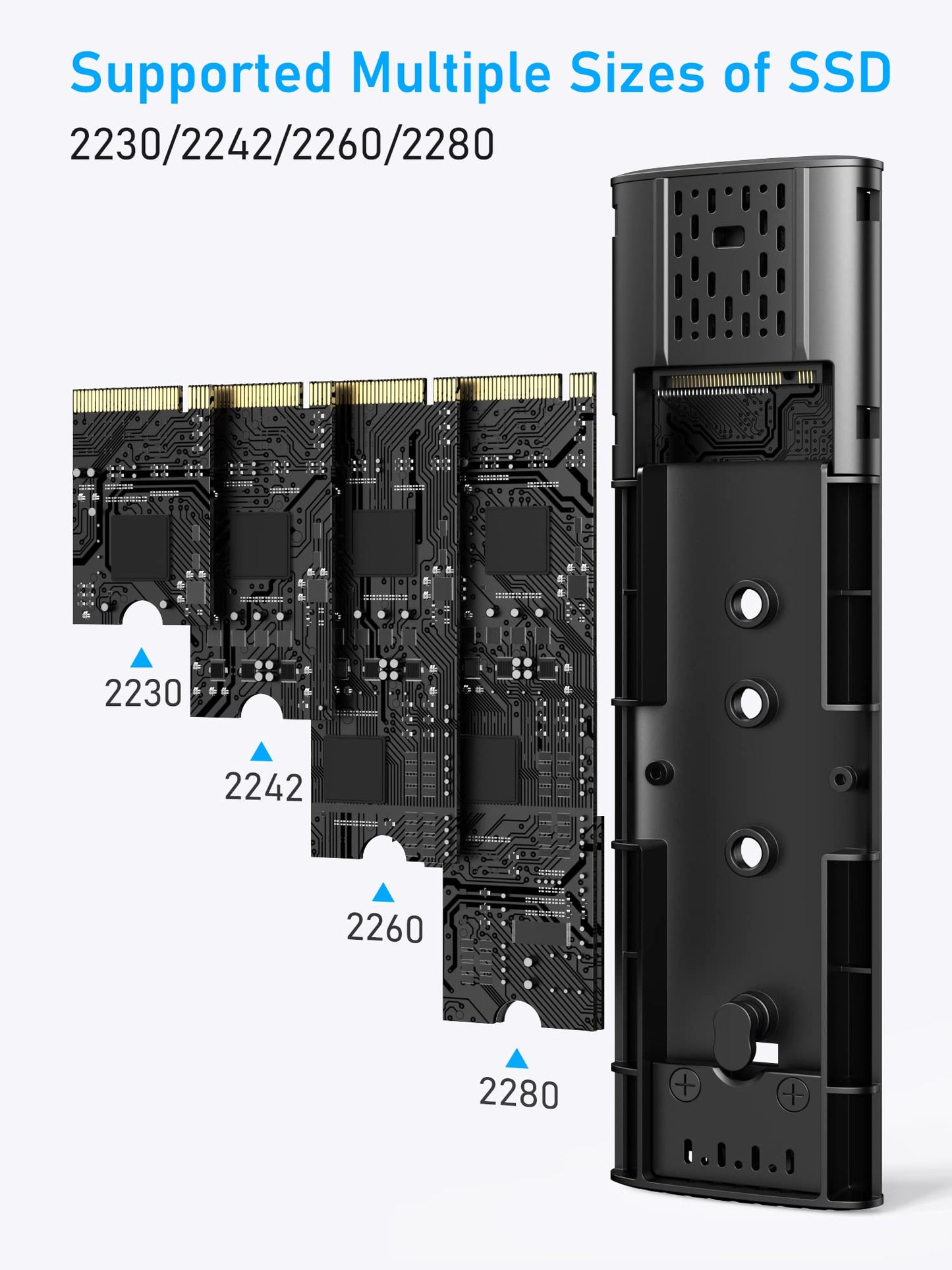 Beikell NVMe M.2 USB 3.2 SSD enclosure with heatsink 10 Gbps for PCIe M-Key/M+B Key/NVMe Express in 2230/2242/2260/2280, with Type C and A cables Tool-free.