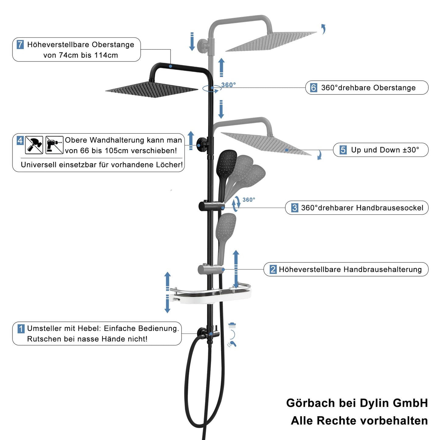 Görbach shower system shower set rain shower head overhead shower set matte black (3030MB+shelf)