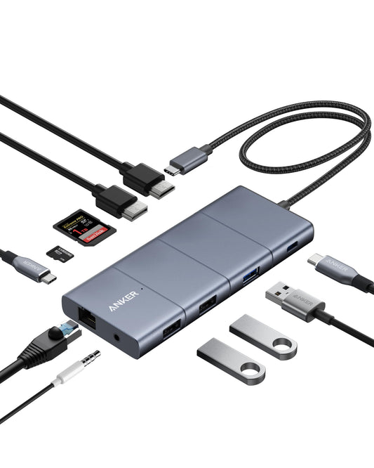 Anchor 565 11-in-1 USB-C Hub, docking station with 10 Gbps USB-C & USB-A data ports, 4K HDMI, DisplayPort, 100W PD, 2 USB 2.0 data, Ethernet, AUX, microSD & SD, for MacBook Pro and more.