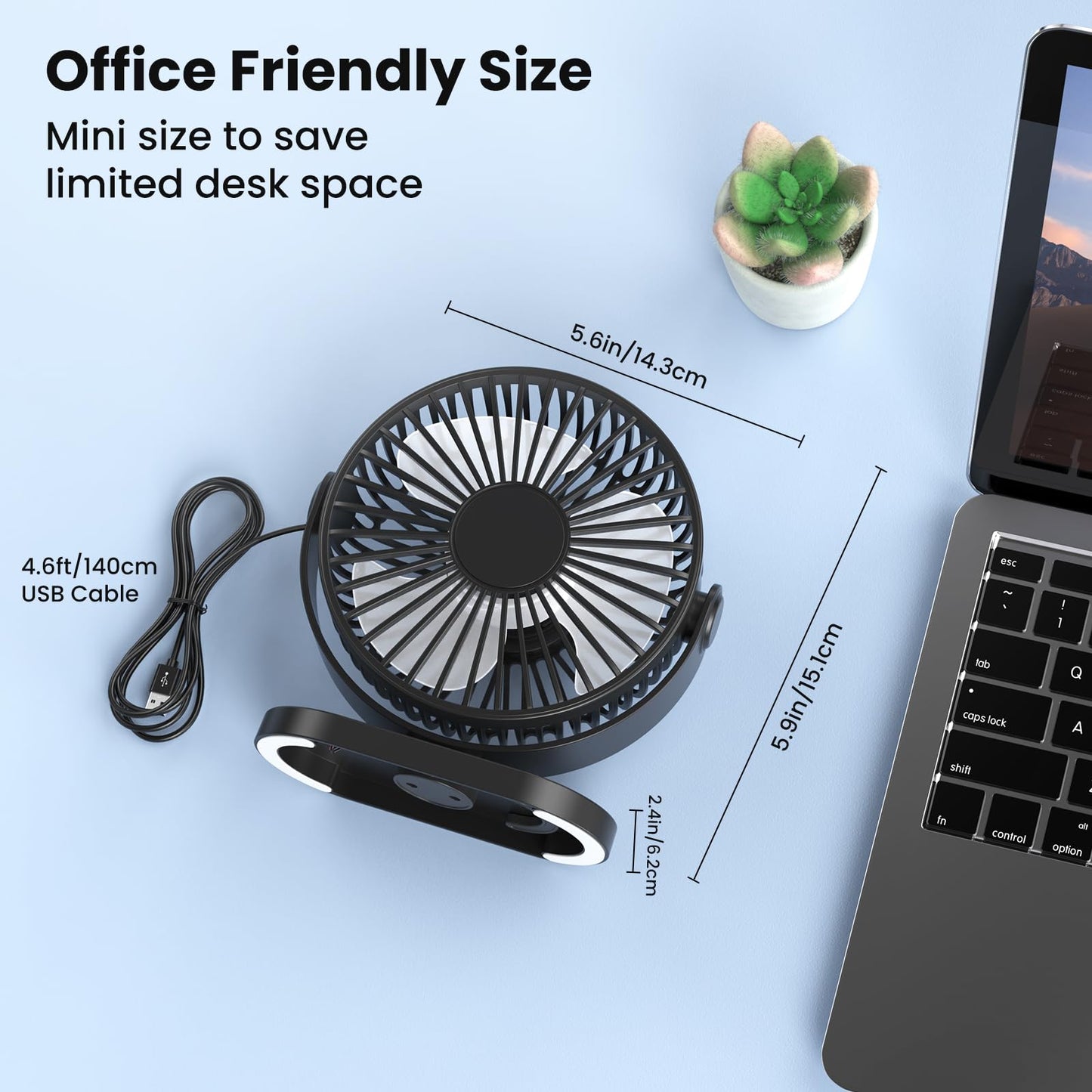 USB desk fan, powerful portable mini fan, 3 speeds for fast cooling, ultra-quiet & vibration-free, 360° rotating small fan with hook for home/office/kitchen.
