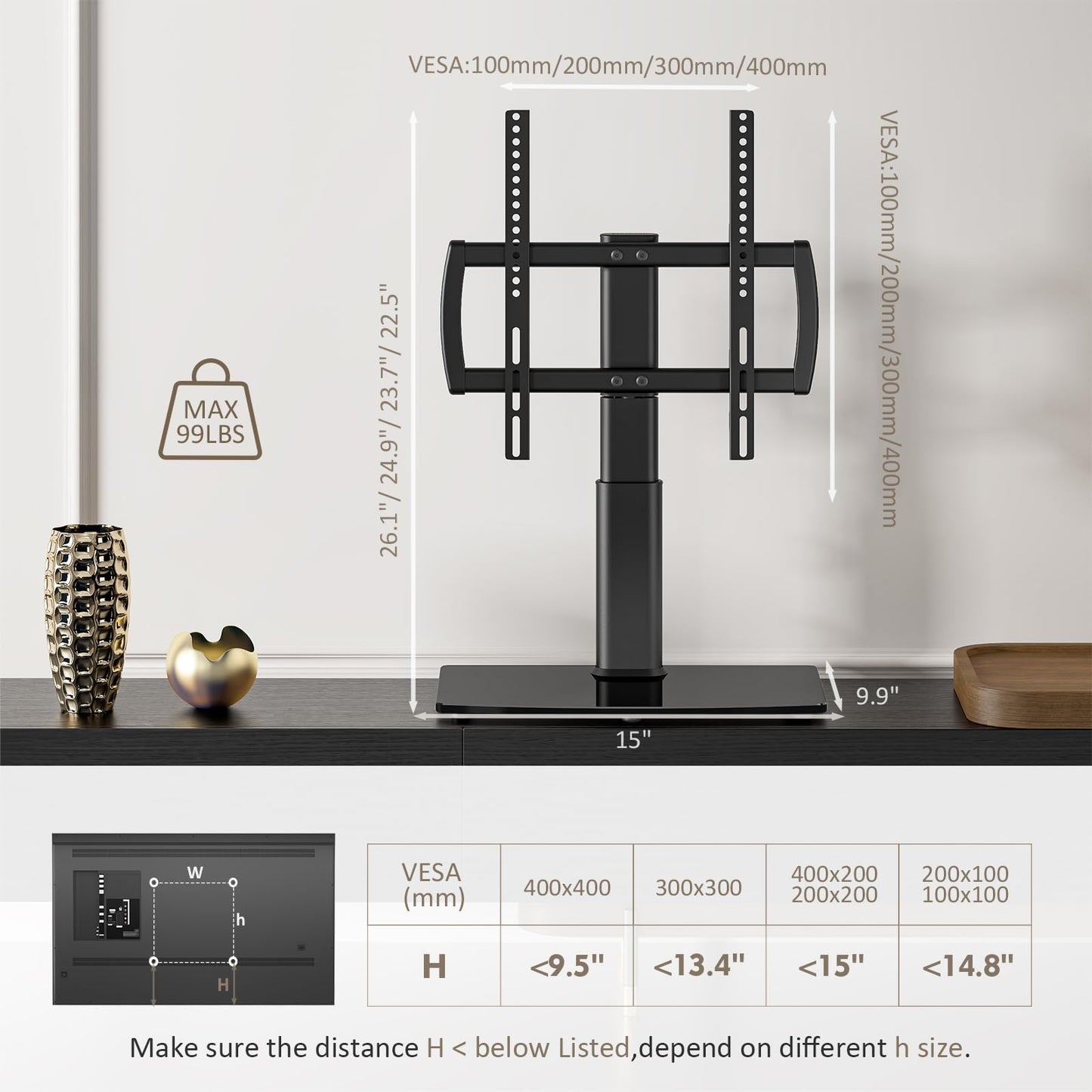 Universal swivel TV stand/tabletop TV stand for 27 to 60 inch TVs. It swivels 80 degrees, has 4 levels of height adjustment, a heavy-duty tempered glass base, and can hold up to 45kg screens. Model HT04B-001P.