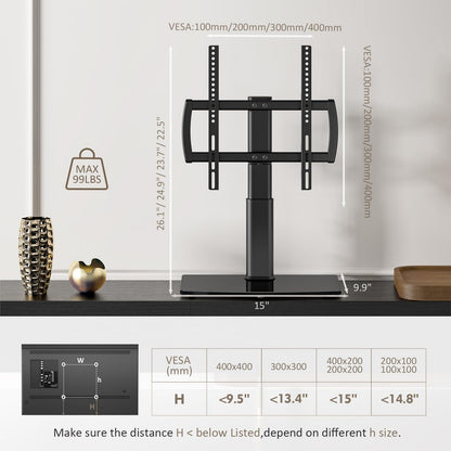 Universal swivel TV stand/tabletop TV stand for 27 to 60 inch TVs. It swivels 80 degrees, has 4 levels of height adjustment, a heavy-duty tempered glass base, and can hold up to 45kg screens. Model HT04B-001P.