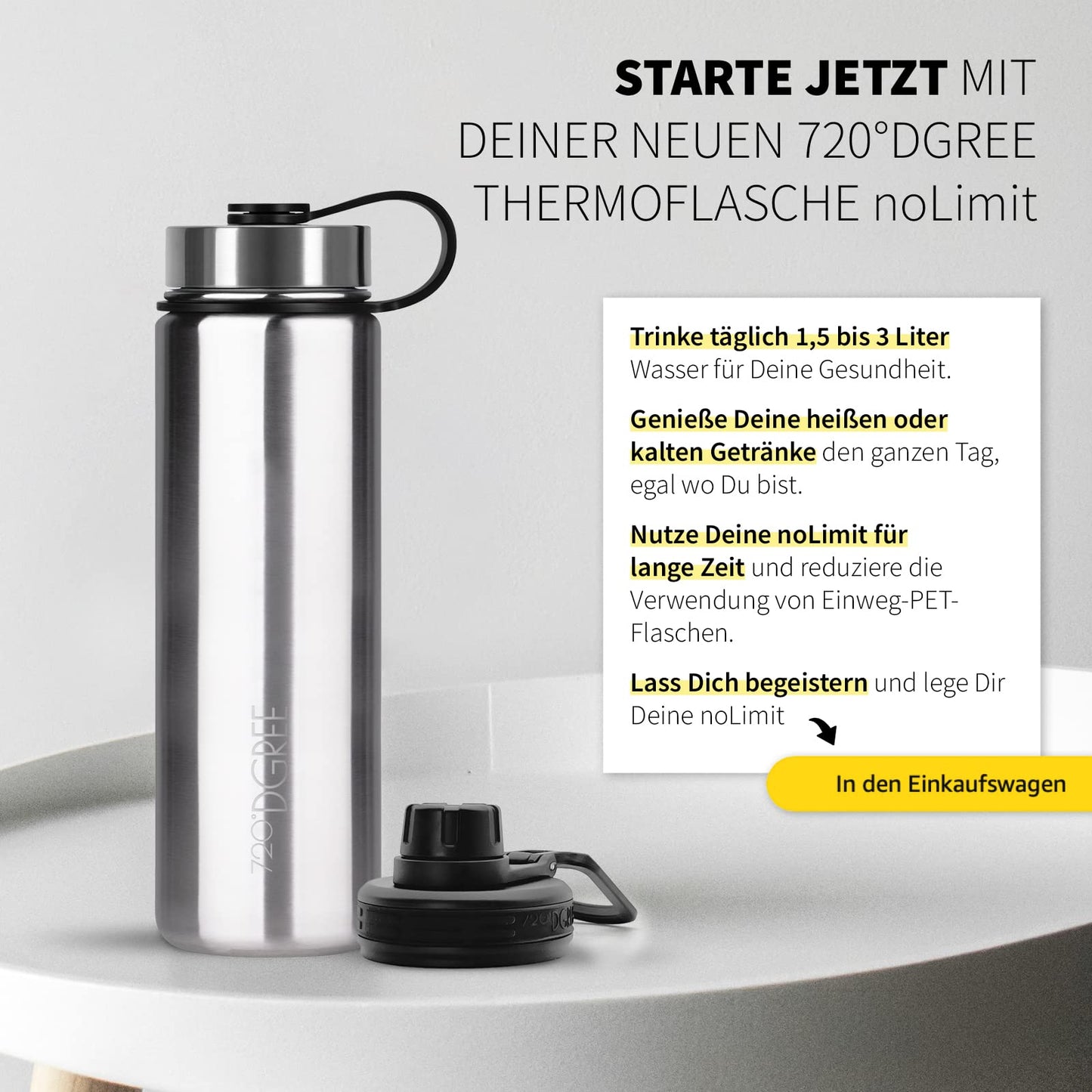 720°DGREE Stainless Steel Water Bottle 950ml "noLimit" - Leakproof, Carbonation Safe, BPA-Free - Thermos Bottle, Insulated Flask with Screw Cap for Sports, Fitness, Outdoor +Free Sport Lid