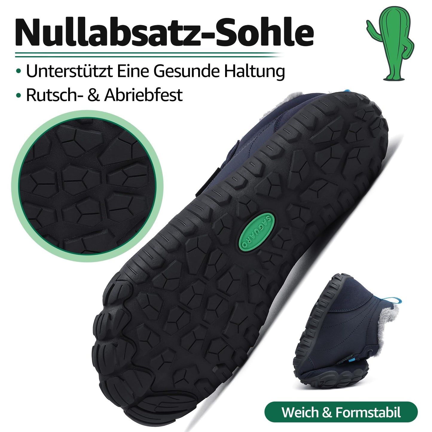 SAGUARO Winter barefoot shoes for women and men. Lined with water-resistant material. Dark blue, EU size 42. Ideal for outdoor activities in the winter.