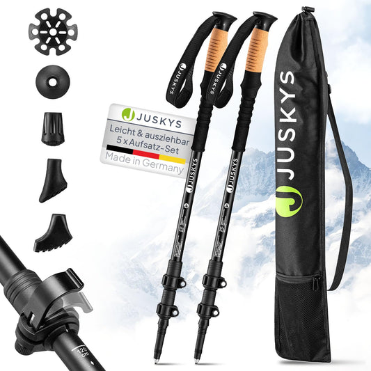 Juskys Nordic Walking Poles - 2 aluminum telescopic hiking poles, lightweight & extendable, for women & men, with rubber tips & bag, cork grip - black