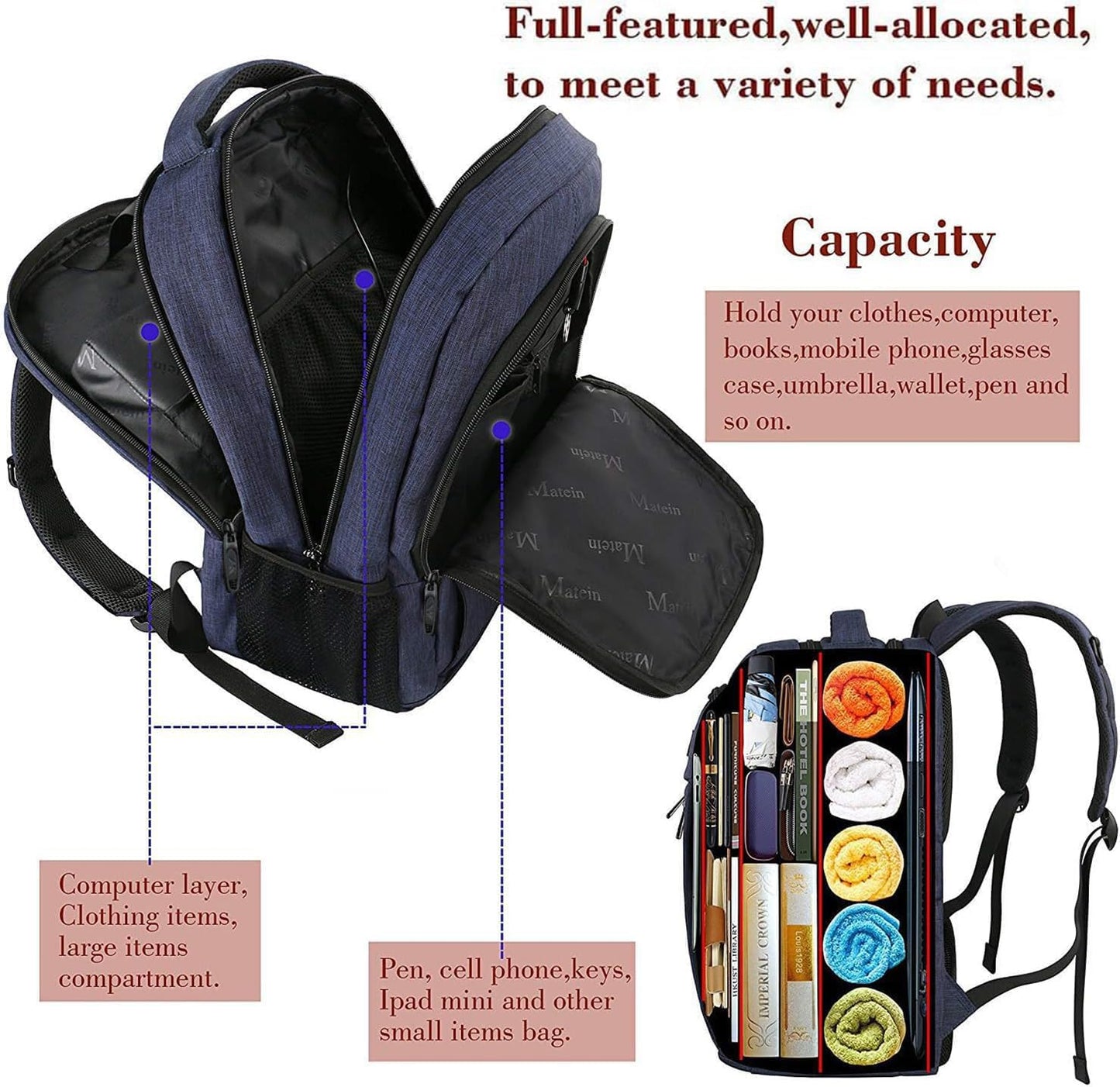 MATEIN school backpack 15.6 inch laptop notebook bag backpack for men with USB charging port boys computer bag gift travel work, blue