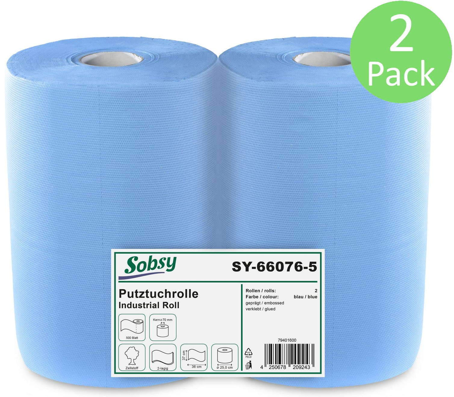 2 x blue absorbent paper roll with floor stand dispenser, 1000 sheets, 37x36 cm | 2-ply perforated paper towels | for industrial, workshop, and restaurant use | Diameter 25 cm