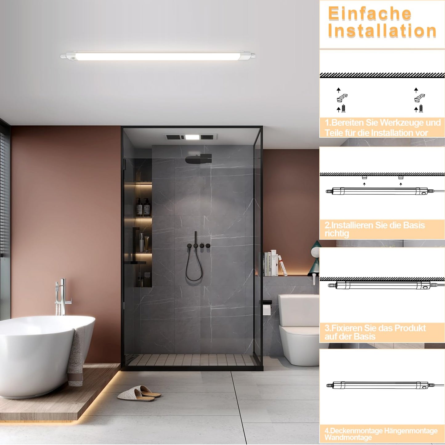 CBJKTX LED moisture-proof luminaire 120CM with motion sensor ceiling lamp - 36W bathroom lamp IP65 waterproof cellar lamp neutral white 4000K ceiling light fluorescent tube for garage workshop kitchen office