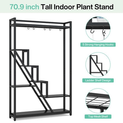 Tribesigns Flower Stand, 7-tier large plant shelf with 5 S-hooks, 180cm tall industrial wooden flower stand for indoor balcony floor plant stand living room (Black)