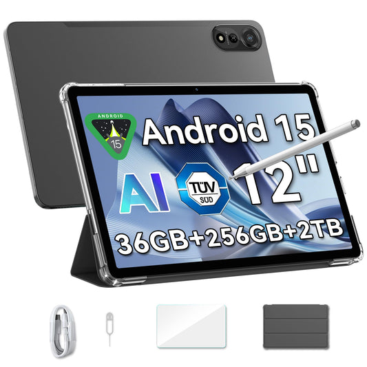 Blackview Mega2 Tablet 12 inch, 6GB RAM+256GB ROM(2TB TF) AI Tablet Android 15 2K FHD Large Display WideVine L1, Dual 4G LTE+5G WiFi, Octa Core T615, Big Battery, 13MP+8MP Camera, GPS/Face ID
