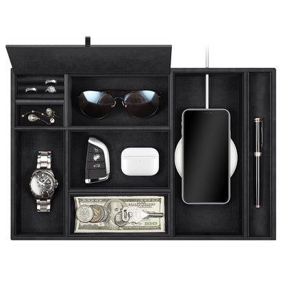 SITHON pocket emptier table organizer, 8 compartments tray organizer storage box faux leather nightstand cosmetic tray nightstand coin box key jewelry organizer, (Black)