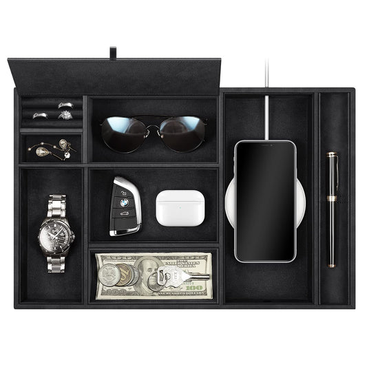 SITHON pocket emptier table organizer, 8 compartments tray organizer storage box faux leather nightstand cosmetic tray nightstand coin box key jewelry organizer, (Black)