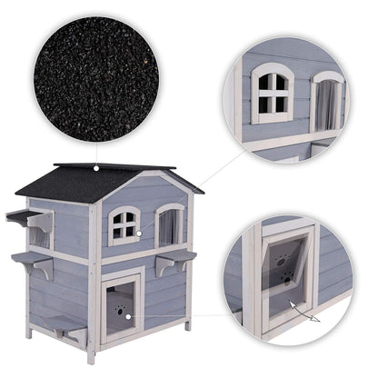 Lionto cat villa made of fir wood with bitumen roof for indoor and outdoor use, two-story cat house with steps, 80x55x90 cm, slatted curtain and windows, suitable for large cats, gray/white.