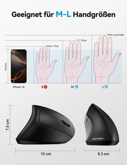 TECKNET Ergonomic Bluetooth Mouse, Rechargeable Wireless Vertical Mouse (BT 5.0/3.0 + 2.4G), 6 Adjustable Levels up to 4800 DPI, Optical Silent Wireless Mouse with USB-A Receiver, Wide Compatibility