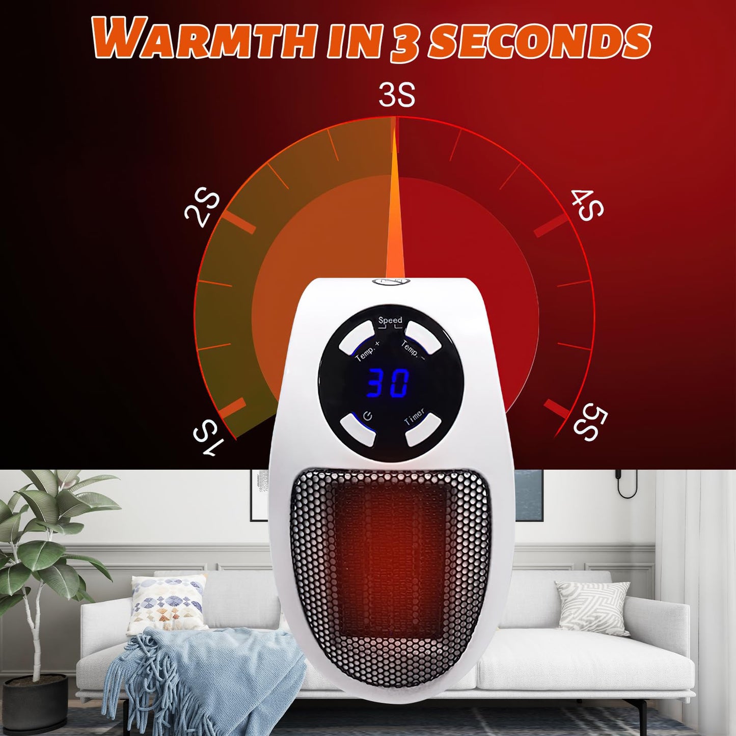 Ceramic heater Hillylolly 500w, plug-in heater, mini heater, wall-mounted electric heater, energy-saving and quiet heater for bathroom, room (White)