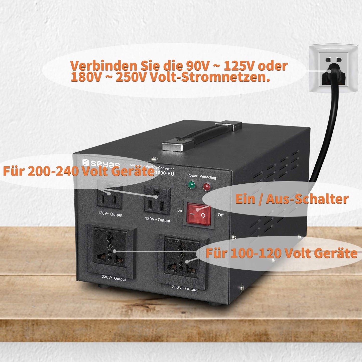 SEYAS 1000W Voltage Converter USA Voltage Converter 220V to 110V Transformer Automatically Step Up & Step Down with U.S. Patent (1000W)