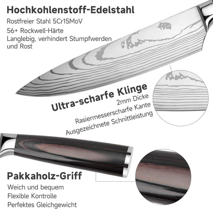 Gustrug knife set kitchen knife set 3 pieces with ergonomic handle, sharp knife set made of high-quality carbon stainless steel with chef's knife, Santoku knife, utility knife.