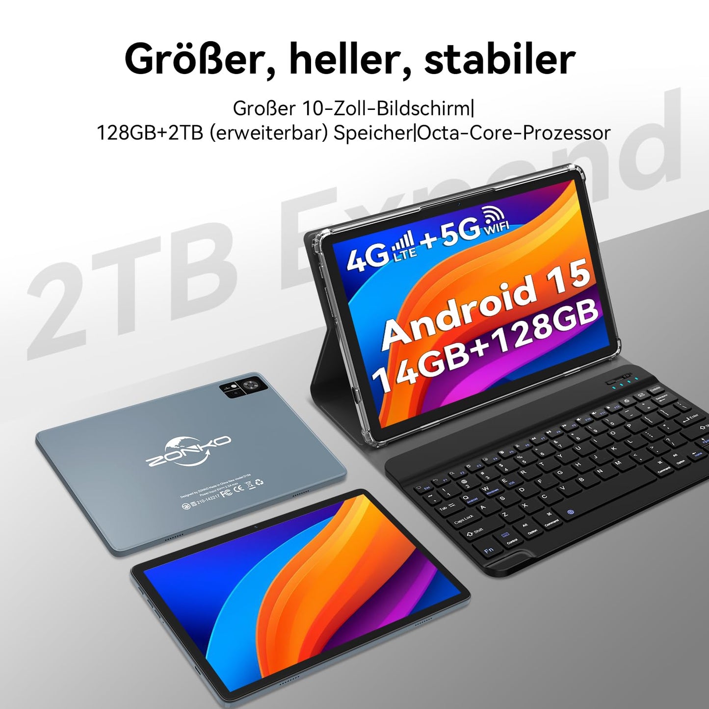 ZONKO 2025 Latest Android 15 Tablet 10 Inch with SIM Slots, 4G LTE Tablets PC 5G WiFi, 14GB RAM+128GB ROM(1TB TF), Octa-Core|8+13 MP|GPS|8000 mAh|Tablet with Keyboard Mouse Stylus, Bluetooth 5.0, GMS (Gray)